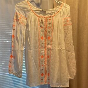Madewell Embroidered White and Orange Women's Top bnwt